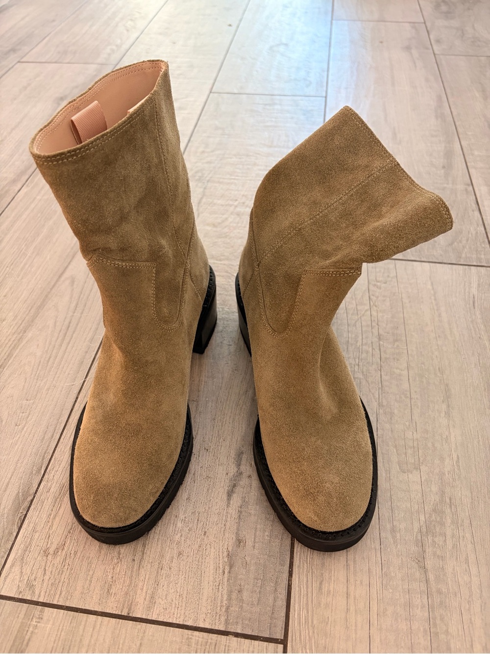 Stuart Weitzman Tan Suede Ankle Booties with Black Sole